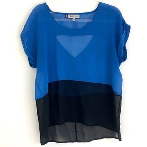 Blue black sheer short sleeve top